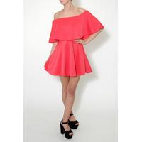 coral off the shoulder frill dress