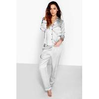 Contrast Piping Button Down Satin Set - grey