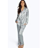 Contrast Piping Button Down Satin Set - grey