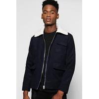 Collar Multi Pocket Melton Coach Jacket - navy