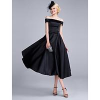 Cocktail Party Dress A-line Off-the-shoulder Tea-length Satin Chiffon / Polyester with Bow(s)