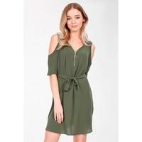 COLD SHOULDER ZIP FRONT SHIRT DRESS