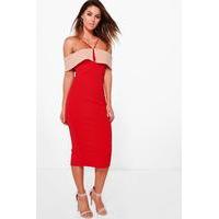 Contrast Fold Over Detail Midi Dress - red