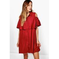 Cold Shoulder Ruffle Shirt Dress - berry