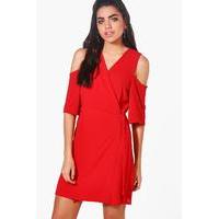 Cold Shoulder Woven Wrap Dress - red