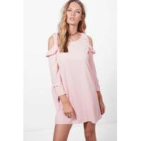 Cold Shoulder Ruffle Dress - pink