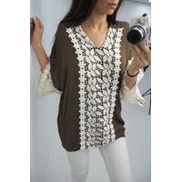 Cora khaki crochet flared sleeve kaftan top