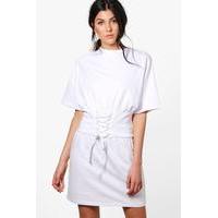 Corset Detail Short Sleeve Sweat Dress - white