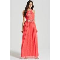 Coral Embroidered Halter Maxi Dress