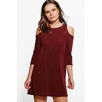 Cold Shoulder Knitted Swing Dress - wine