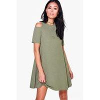 Cold Shoulder Swing Dress - olive