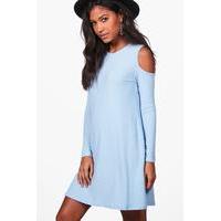 Cold Shoulder Soft Knit Rib Swing Dress - bluebell