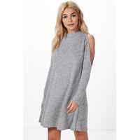 Cold Shoulder Funnel Neck Knitted Dress - grey