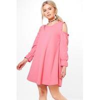 Cold Shoulder Ruffle Sleeve Dress - coral