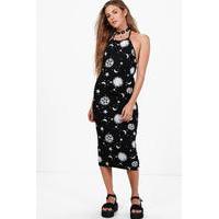 Cosmic Festival Halter Midi Dress - black