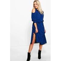 Cold Shoulder Twist Front Midi Shirt Dress - navy