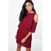 Cold Shoulder Double Layer Dress - burgundy