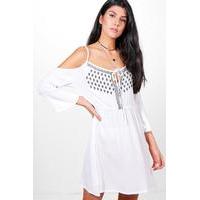 Cold Shoulder Embroidered Dress - white