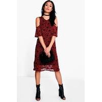 Cold Shoulder Printed Dress - wine