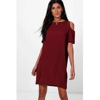 Cold Shoulder Textured Shift Dress - burgundy