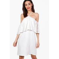 Cold Shoulder Lace Swing Dress - white