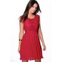 Corded Lace Pleated Skater Dress - berry