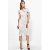 Cold Shoulder All Lace Midi Dress - ivory