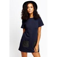 contrasted faux leather pocket dress