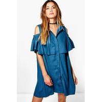 Cold Shoulder Ruffle Shirt Dress - moroccan blue