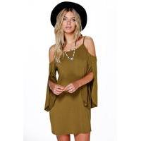 Cold Shoulder Split Shift Dress - olive