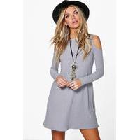 Cold Shoulder Soft Knit Rib Swing Dress - lilac