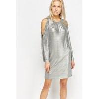 cold shoulder metallic shift dress