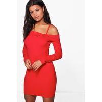 Cold Shoulder Fold Bodycon Dress - red