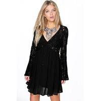 Corded Lace Button Woven Smock Dress - black