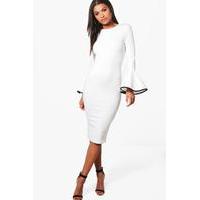 Contrast Flared Sleeve Midi Dress - ivory