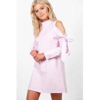 Cold Shoulder Pinstripe Shift Dress - pale pink