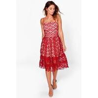 Corded Lace Detail Midi Skater Dress - berry