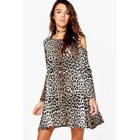Cold Shoulder Leopard Print Swing Dress - multi