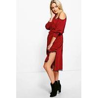 cold shoulder twist front midi shirt dress berry