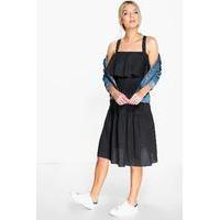 Cotton Ruffle Off Shoulder Midi Dress - black
