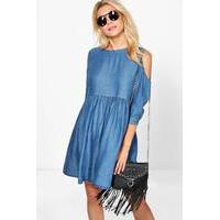 Cold Shoulder Denim Skater Dress - indigo