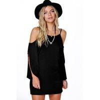 Cold Shoulder Split Shift Dress - black