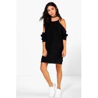 Cold Shoulder Knit Sweat Dress - black