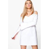 Cold Shoulder Shirt Dress - white