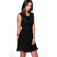 Corded Lace Pleated Skater Dress - black