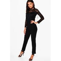 Corded Lace Tassel Body Long Sleeve Jumpsuit - black