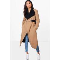 Contrast Wool Coat With D-Ring Fasten - camel