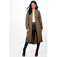 Collarless Edge To Edge Wool Coat - khaki