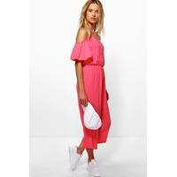 Cold Shoulder Button Jumpsuit - coral