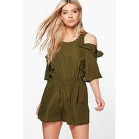 cold shoulder ruffle playsuit khaki